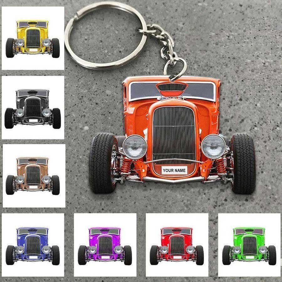 Personalized Hot Rod Keychain, Custom Name Flat Acrylic Keychain KO0222