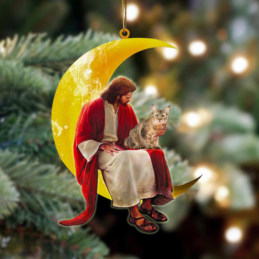 Pixie Bob And Jesus Sitting On The Moon Hanging Acrylic Ornaments for Cat Lovers OO3801