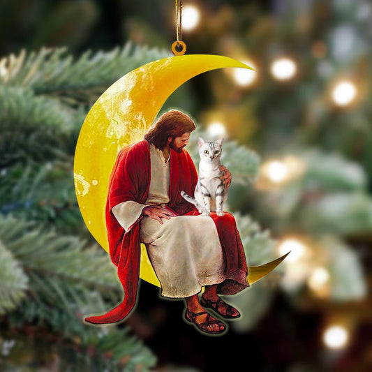 American Shorthair And Jesus Sitting On The Moon Hanging Acrylic Ornament for Cat Lover OO3793