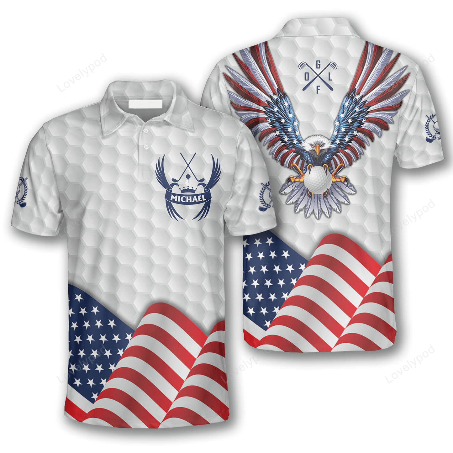 Eagle waving flag white version custom golf polo shirts for men GY0065