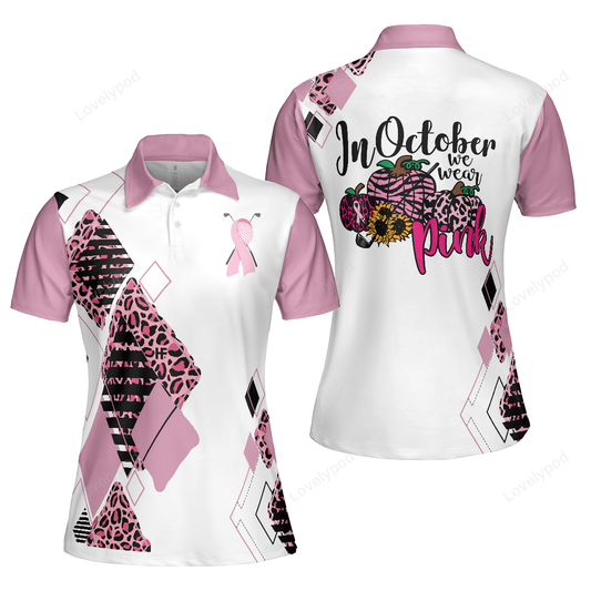 Golf girl in october we wear pink short sleeve women polo shirt, white and pink breast cancer awareness shirt GY0070