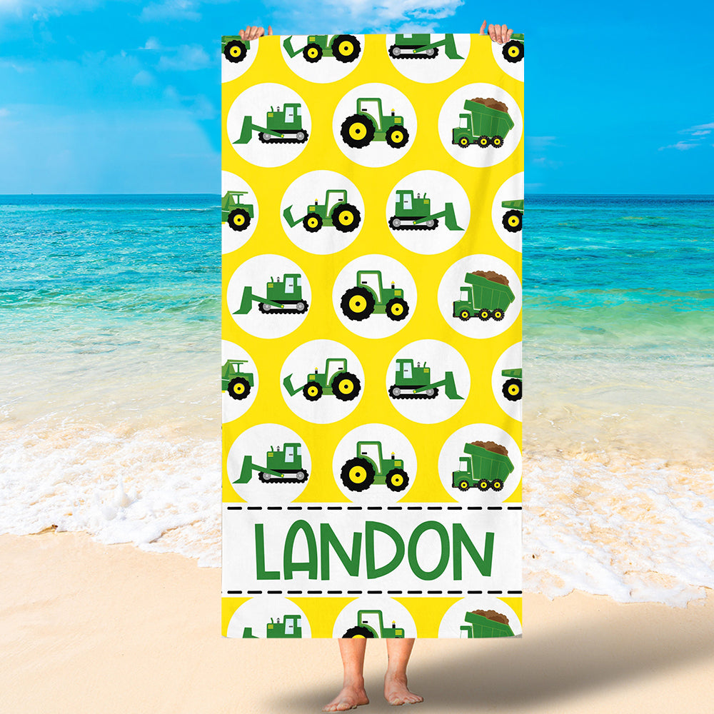 Personalized Lovely Kid Beach Towel - Green Tractor Towel - Tractor Party - Beach - Pool - Summer - Birthday - Vacation SO0251