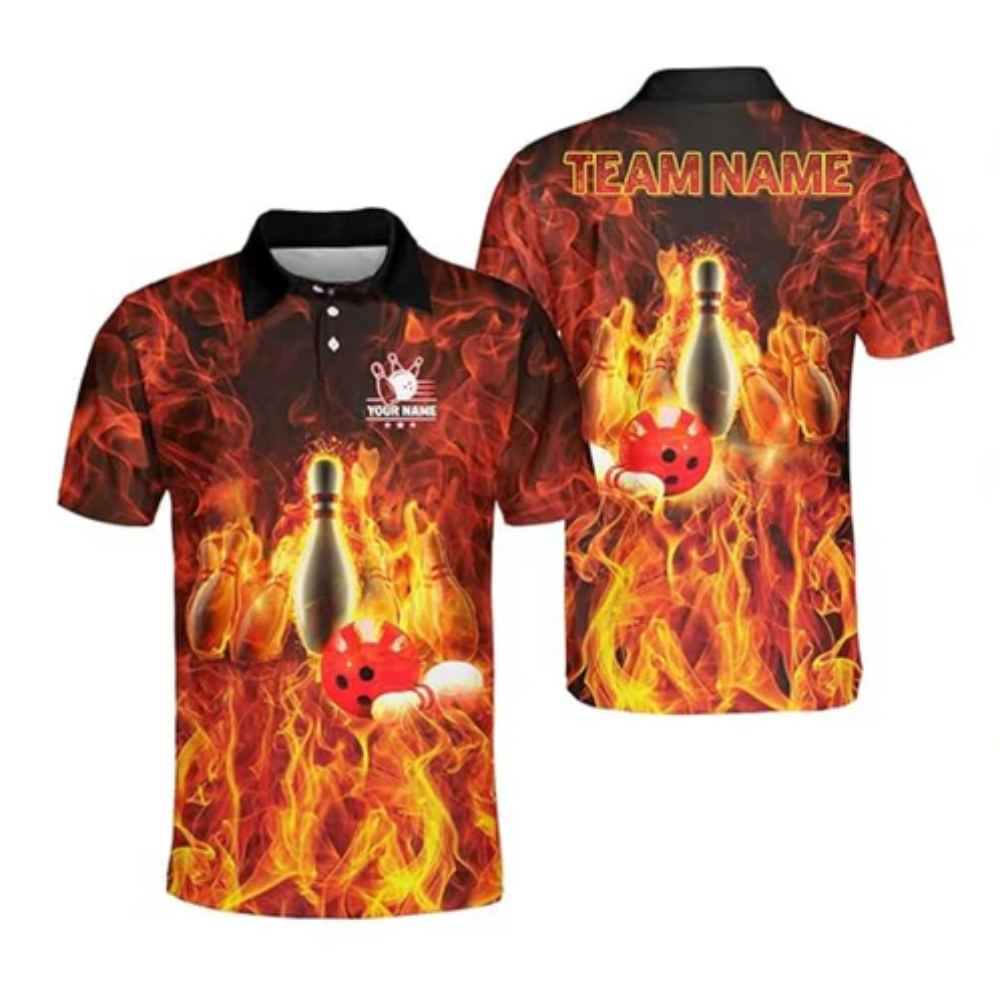 Custom Flame Bowling Polo Shirt For Men, Custom Flame Bowling Team Shirts BZ0132