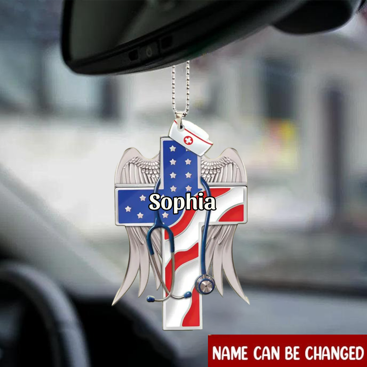 Personalized Flat Car Hanging Ornament Nurse Cross Us Flag, Car Mirror Decor For Nurse OO0102