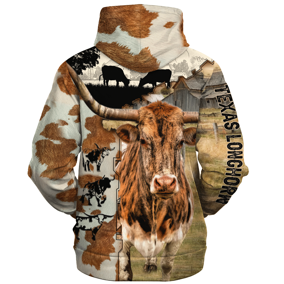 Texas Longhorn Fur Pattern On The Farm Hoodie, Texas Longhorn Hoodie SO0498