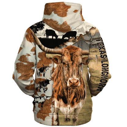 Texas Longhorn Fur Pattern On The Farm Hoodie, Texas Longhorn Hoodie SO0498