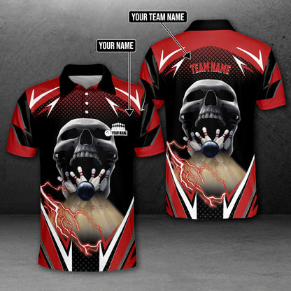 Custom Skull Bowling Polo Shirt For Men, Custom Team Black And Red Skull Bowling Shirt BM0292