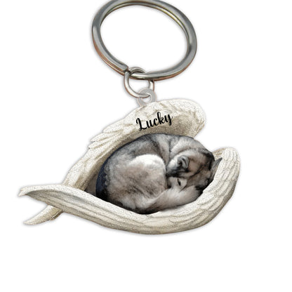 Personalized Husky Sleeping Angle Keychain, Custom Name Dog Acrylic Flat Keychain KO0347