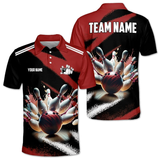 Custom Team Black And Red Bowling Polo Shirt For Men, Custom Bowling Shirt BA0018