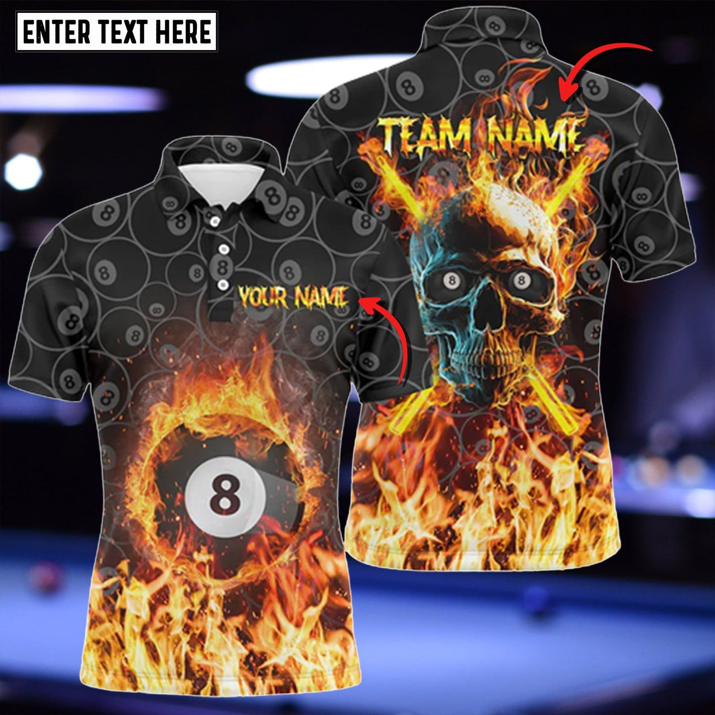 Tendpins Billiard Skull 8 Ball Flame Personalized Name 3D Shirt BIA0556