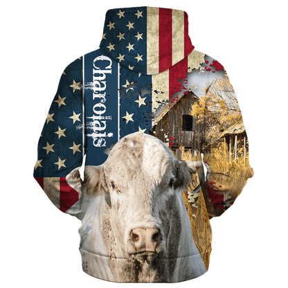 Charolais Farm With America Flag Hoodie, Farm Usa Hoodie 3D Print SO0502