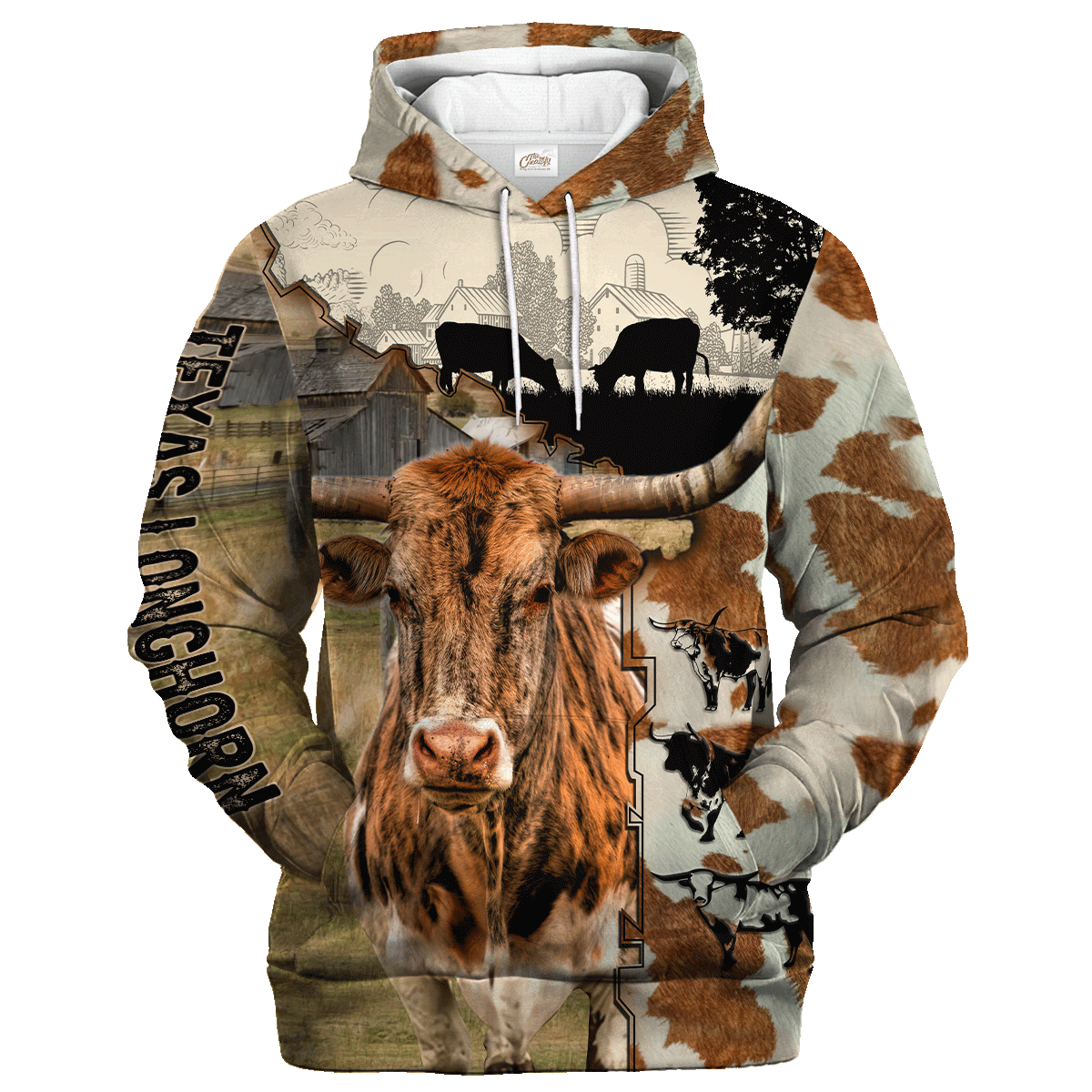 Texas Longhorn Fur Pattern On The Farm Hoodie, Texas Longhorn Hoodie SO0498