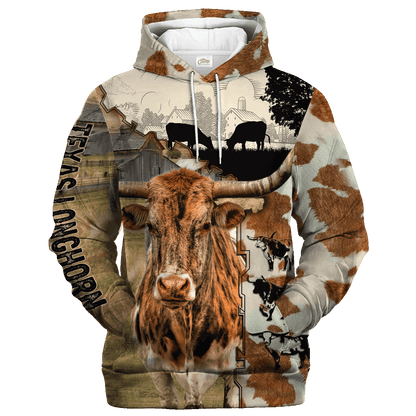 Texas Longhorn Fur Pattern On The Farm Hoodie, Texas Longhorn Hoodie SO0498