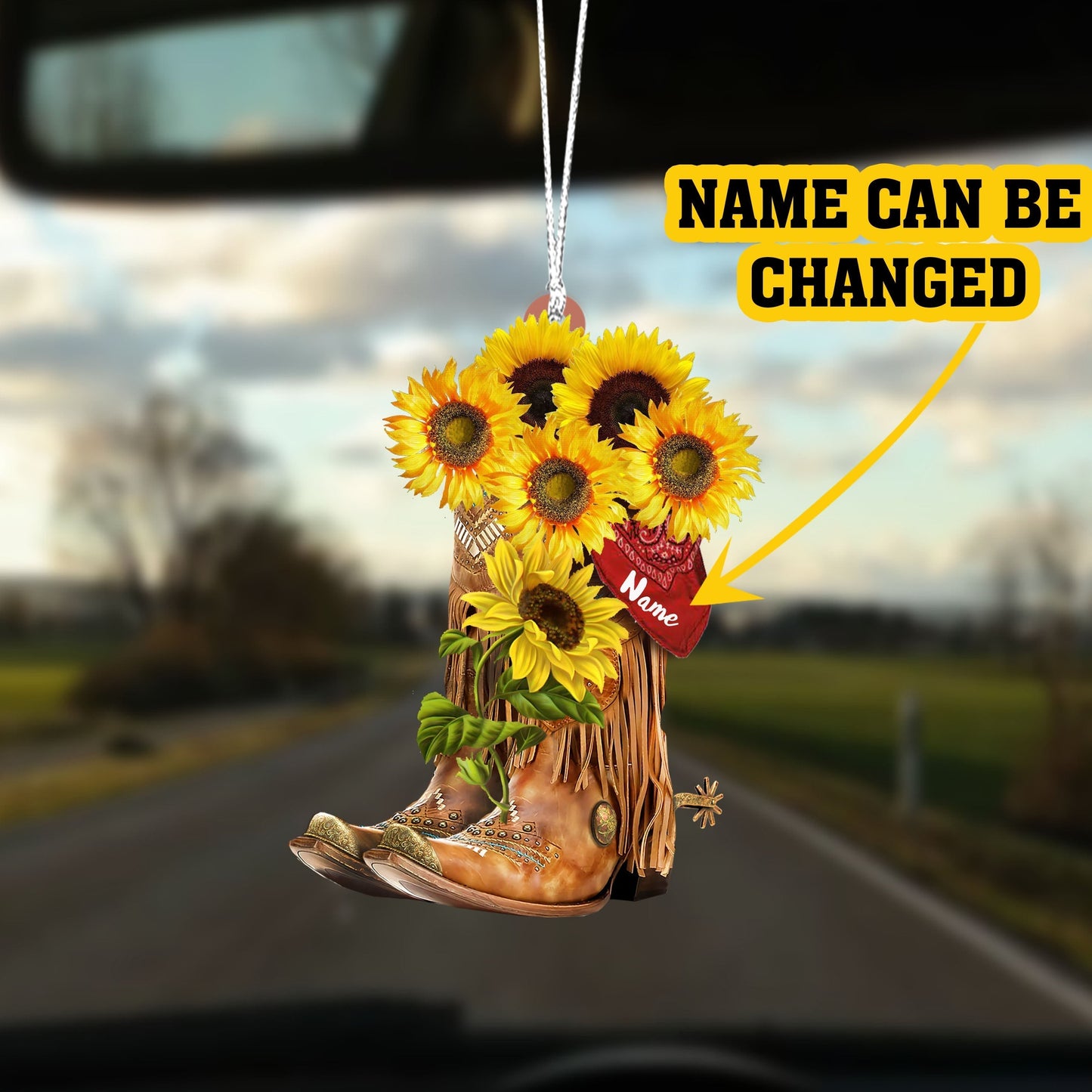 Personalized Vintage Sunflower Boots Cowboy Cowgirl Flat Acrylic Car Ornament OO0065