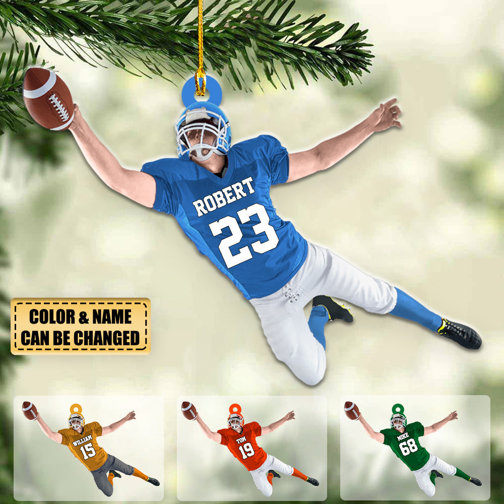 Personalized American Football Jumping With Ball Christmas Ornament for Football Mom Football Player Family Member MI0120