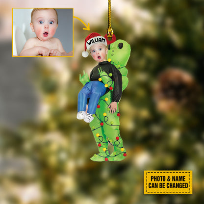 Kid And Green Alien Pick Me Up Customized Ornament, Gift For Family, Gift For Baby, Holiday Decor, Christmas Gift, Personalize Your Photo And Name OO1599