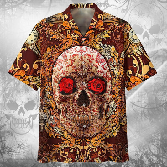 3D All Over Printed Hawaiian Shirts With Skull, Rose Skull Hawaii Shirt, Floral Skull Hawaiian Shirts HO5139