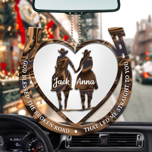 Personalized Hanging Car Ornament Western Horseshoe Couple God Blessed SO0909