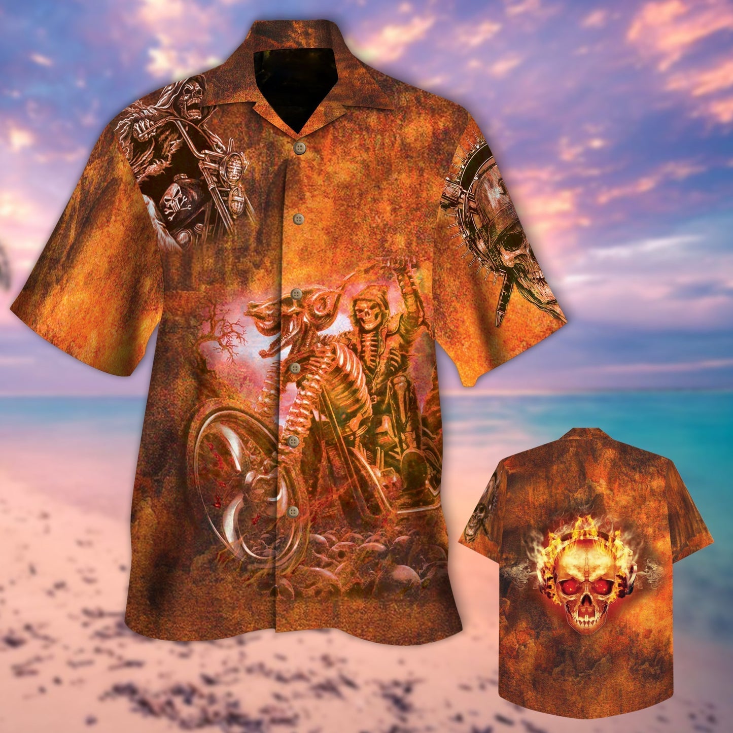 Old Grunge Biker Skull Sublimation On Hawaii Aloha Shirst, Skeleton Hawaiian Shirts HO5298