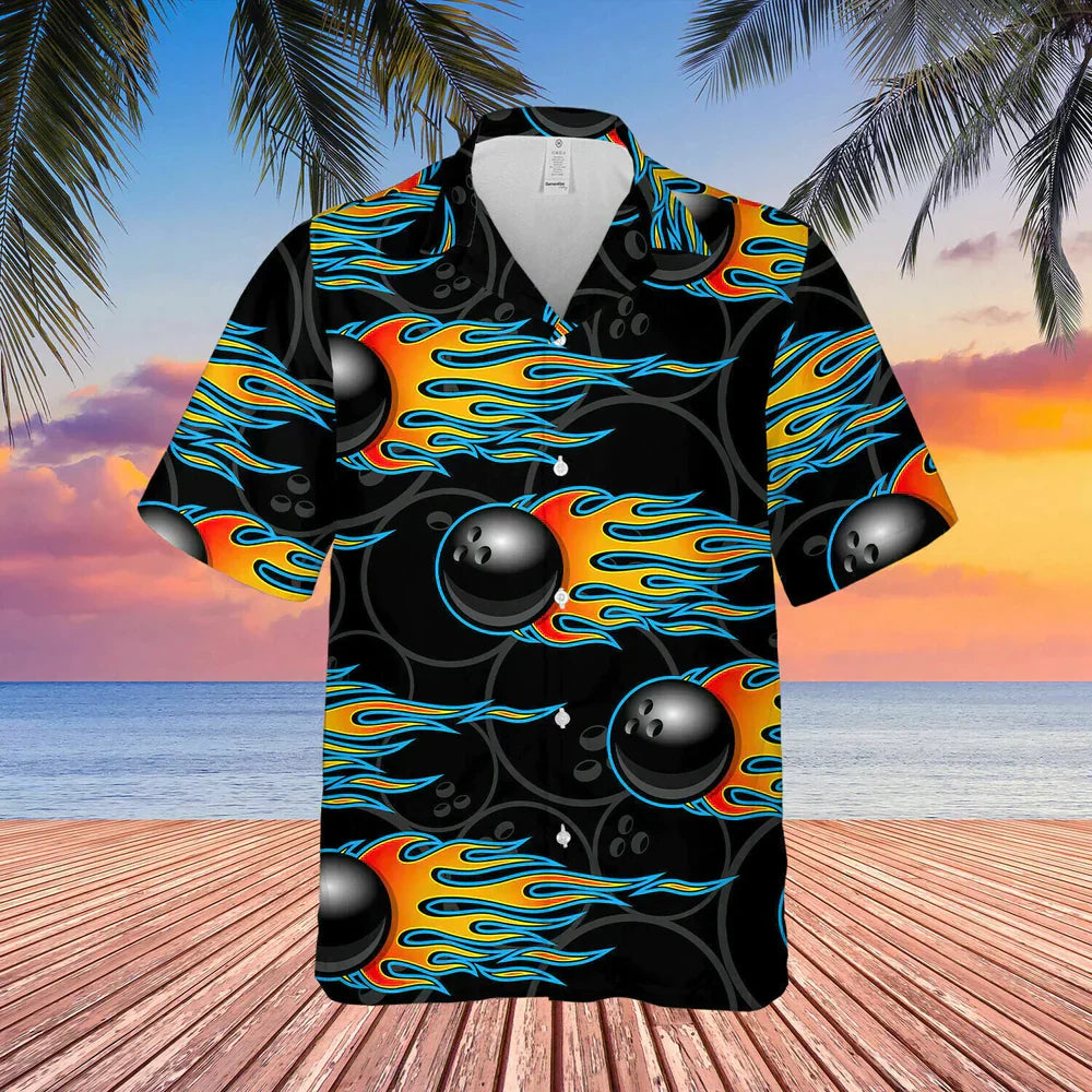 3D The Fire Bowling Black Unisex Hawaiian Shirt, Bowling shirt, Gift for Bowling lovers HO4128