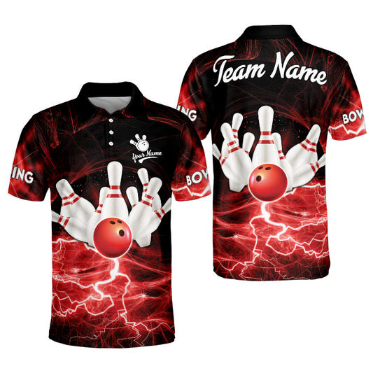 Custom Red Team Bowling Polo Shirt For Men, Custom Thunder Bowling Team Shirts  BZ0073