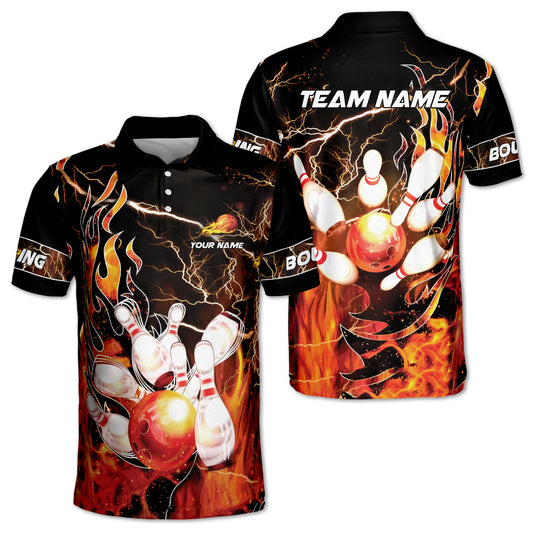 Custom Flame Bowling Polo Shirt For Men, Custom Bowling Team Shirts BZ0178