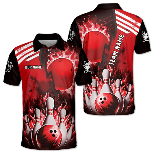 Custom Red Flame Bowling Polo Shirt For Men, Custom Bowling Team Shirts BZ0180