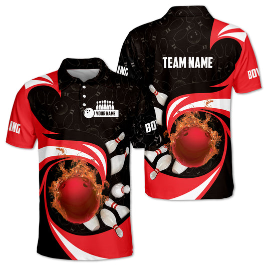 Custom Red Flame Ball Bowling Polo Shirt For Men, Custom Bowling Team Shirts BZ0181