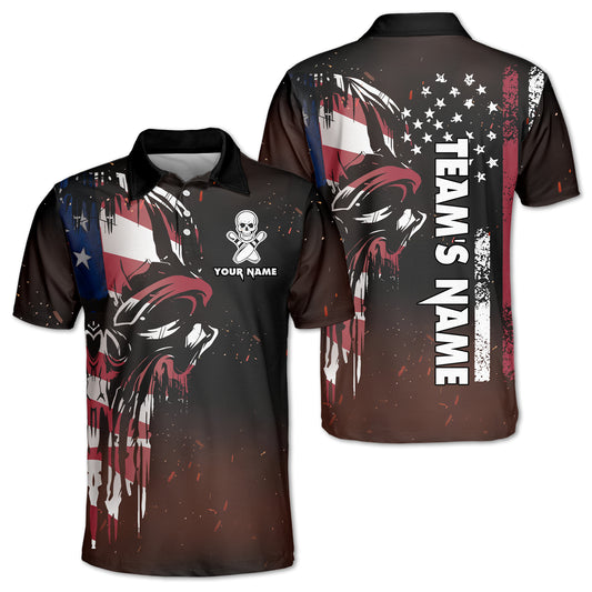 Custom Skull Bowling Polo Shirt For Men, Custom American Flag Skull Bowling Team Shirts BZ0190