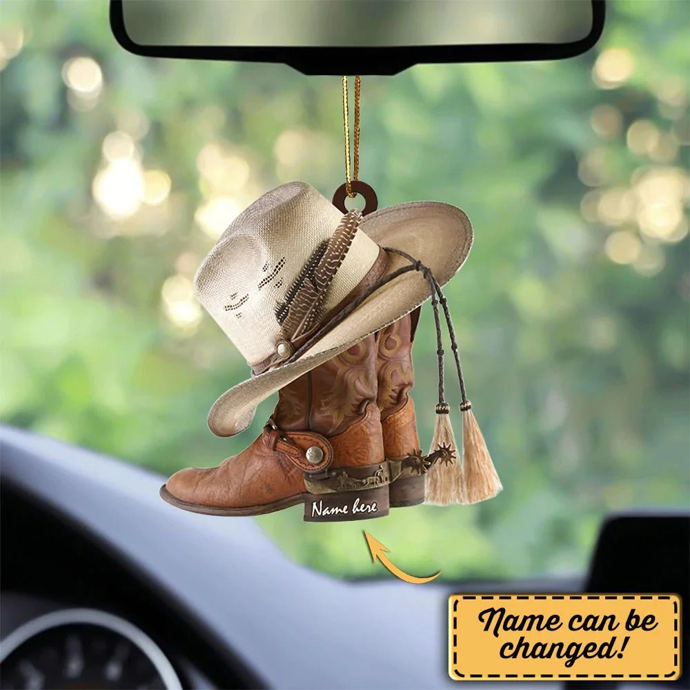 Personalized Boots And Hat Cowboy Flat Acrylic Car Hanging Ornament OO0054