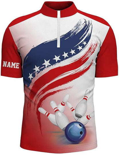 Custom Red White And Blue Bowling Jersey Shirt For Men, Custom Bowling Shirt BZ0109