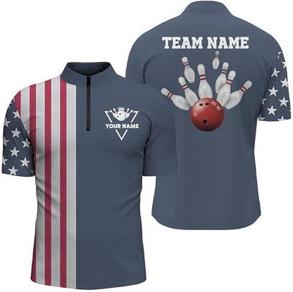 Custom Red White And Blue Bowling Jersey Shirts For Men, Custom American Flag Bowling Team Shirts BZ0099