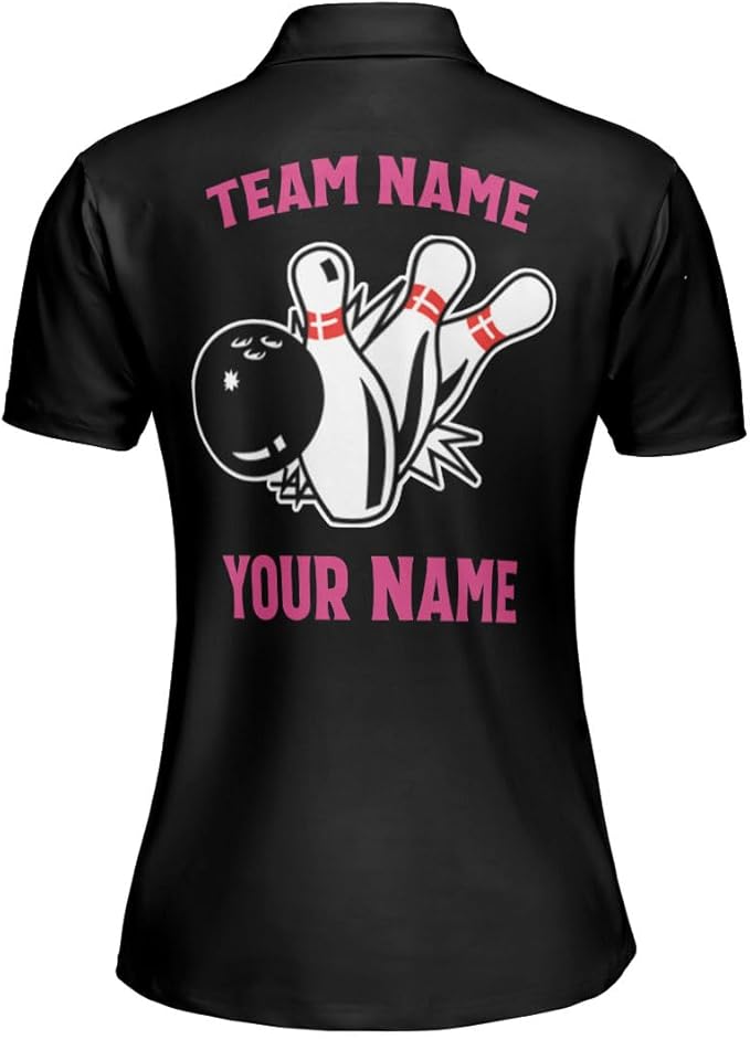 Custom Black And Pink Team Bowling Polo Shirt For Women, Custom Argyle Bowling Team Shirts BZ0121