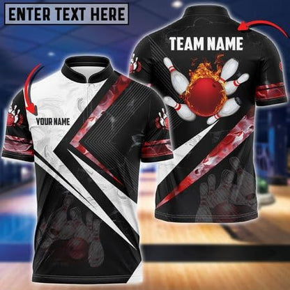 Custom Black And Red Flame Ball Bowling Jersey Shirt For Men, Custom Bowling Team Shirts BZ0087