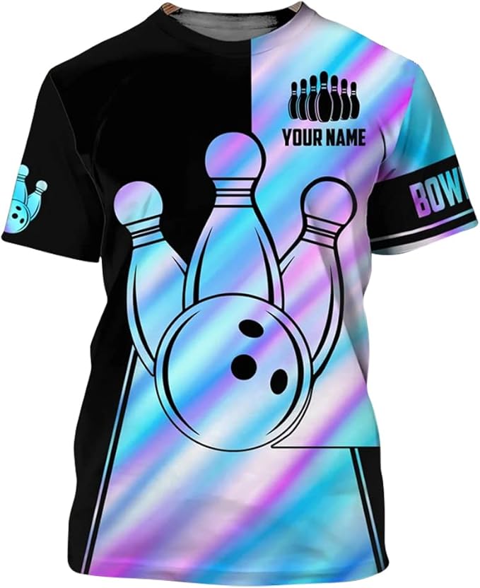 Custom Black And Blue Bowling T Shirt For Men, Custom Bowling Shirt BZ0053