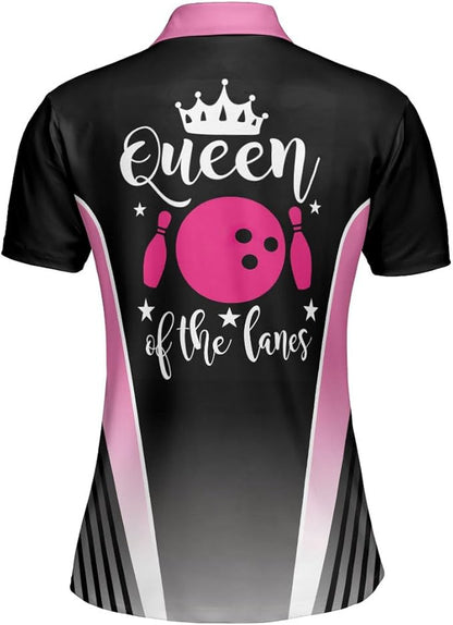 Custom Queen Of The Lanes Bowling Polo Shirt For Women, Custom Black And Pink Women's Bowling Shirt BZ0104