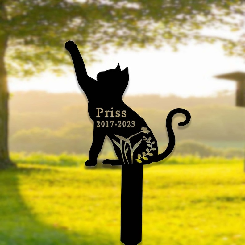 Custom Floral Cat Memorial Garden Stake, Personalized Cat Grave Marker, Cat Memorial Metal Sign CN0275