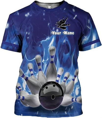 Custom Blue Flame Bowling T Shirt For Men, Custom Flame Bowling Team Shirts BZ0137