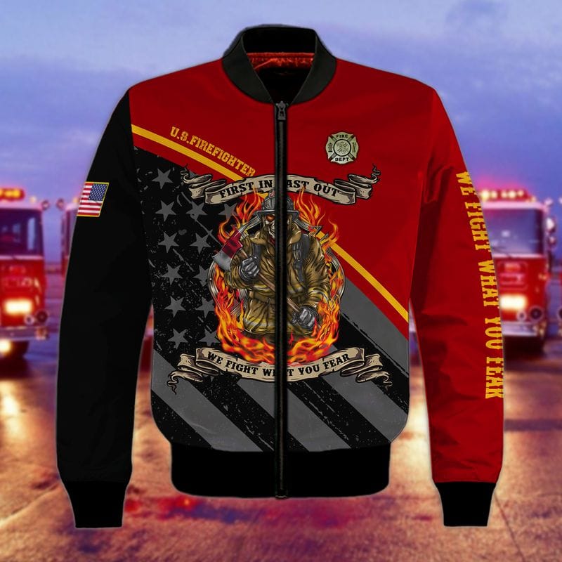 3D All Over Printed US Firefighter Flag Shirt, First In Last Out We Fight What You Fear, Skull Firefighter Shirt TO3275