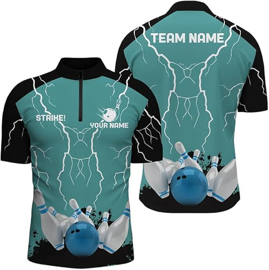 Custom Black And Teal Team Bowling Jerseys Shirt For Men, Custom Team Thunder Bowling Shirt BZ0060