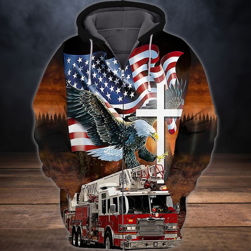 God Blessed Eagle Flag and Fire Truck Firefighter 3D All Over Print Shirt TO3280