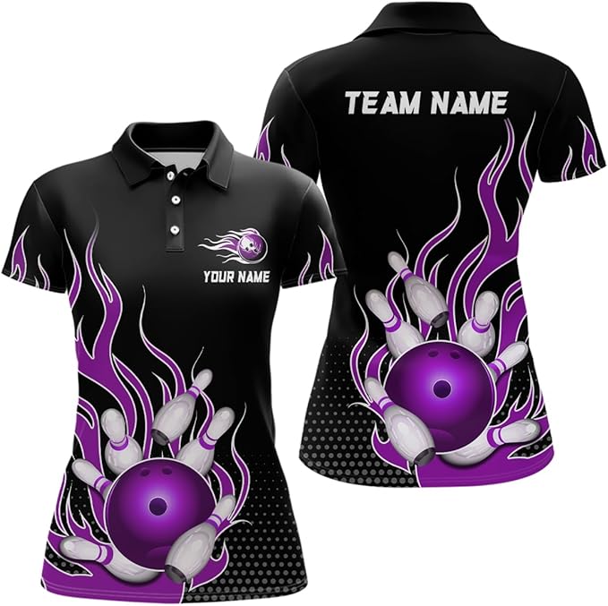 Custom Purple Flame Women's Bowling Polo Shirt, Custom Flame Bowling Team Shirts Women BZ0135