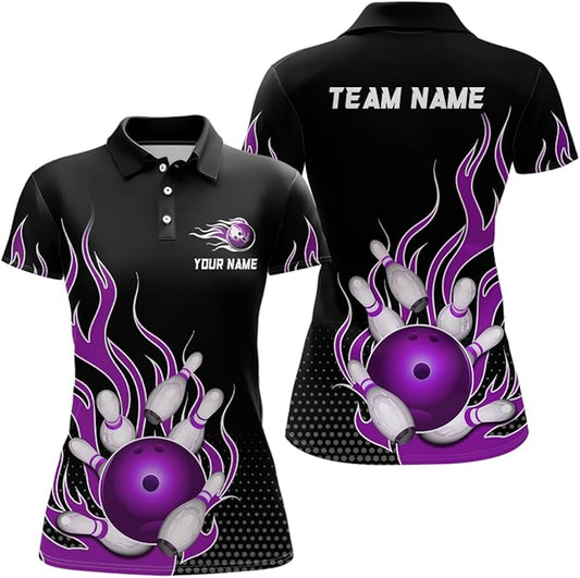 Custom Purple Flame Women's Bowling Polo Shirt, Custom Flame Bowling Team Shirts Women BZ0135