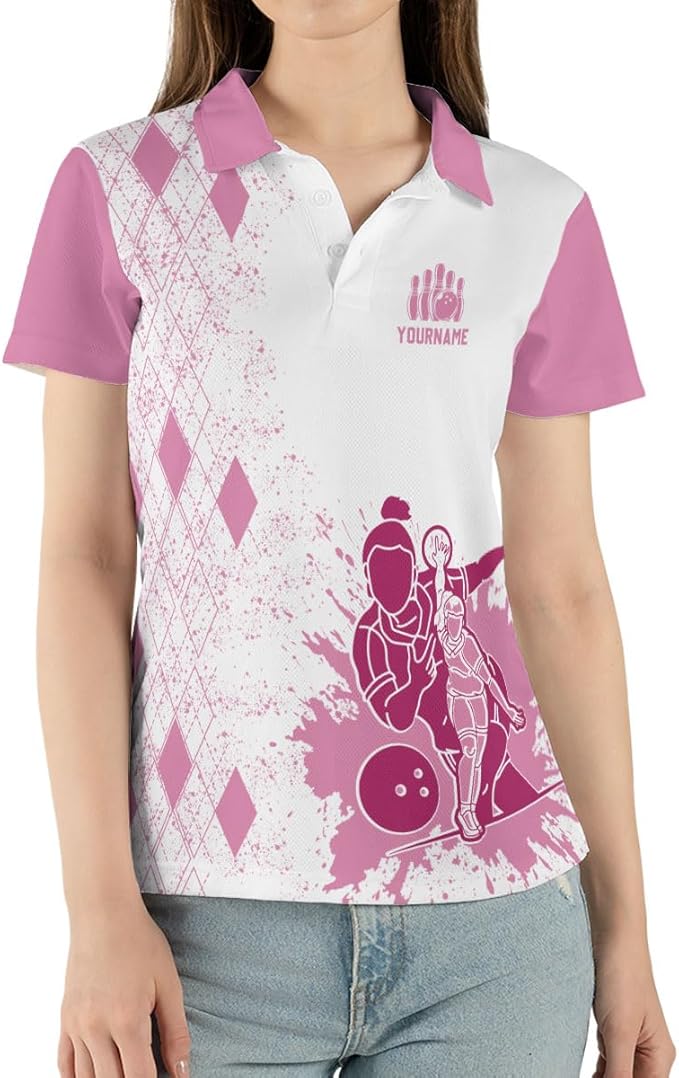 Custom Ladies Bowling Shirts, Custom White And Pink Argyle Bowling Polo Shirt For Women BZ0105