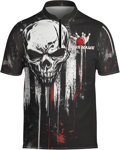 Custom Black Skull Bowling Jersey Shirt For Men, Custom Skull Bowling Team Shirts BZ0141