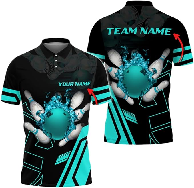 Custom Blue Flame Ball Bowling Polo Shirt For Men, Custom Bowling Team Shirts BZ0187