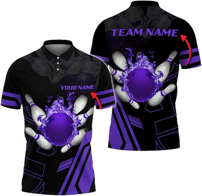 Custom Blue Flame Ball Bowling Polo Shirt For Men, Custom Bowling Team Shirts BZ0187