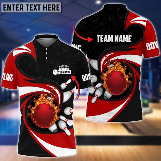 Custom Red Flame Ball Bowling Polo Shirt For Men, Custom Bowling Team Shirts BZ0181