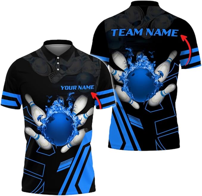 Custom Blue Flame Ball Bowling Polo Shirt For Men, Custom Bowling Team Shirts BZ0187