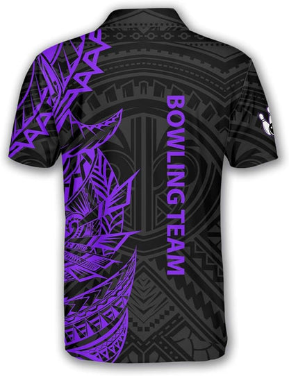 Custom Black And Purple Tribal Bowling Polo Shirt For Men, Custom Bowling Team Shirts BZ0199